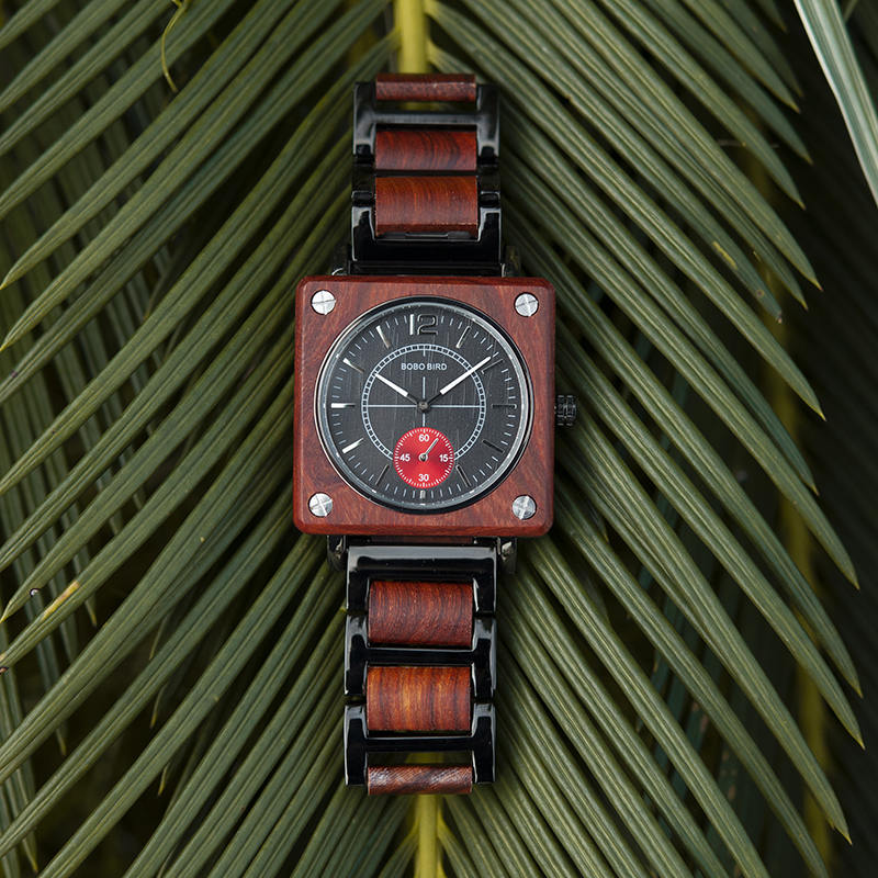 Men's Natural Wooden Watches Square Dial Chrono Luxury Quartz Personalized Wood Watch R14-2