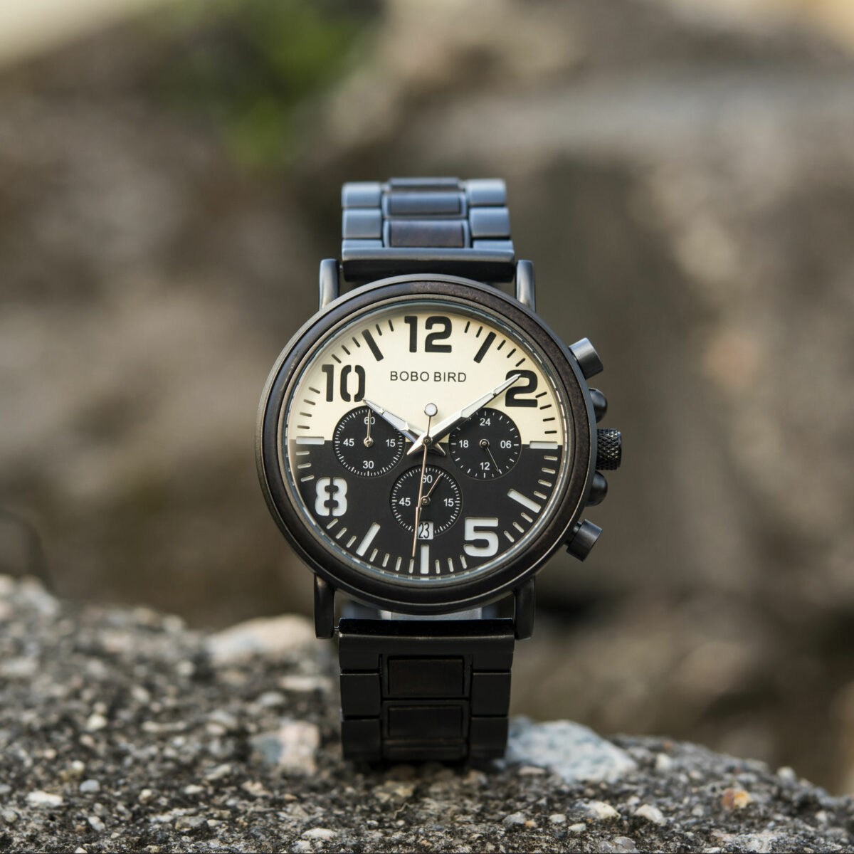 Mens Unique Chronograph Ebony Engrave Wooden Watches - Twilight R25-2