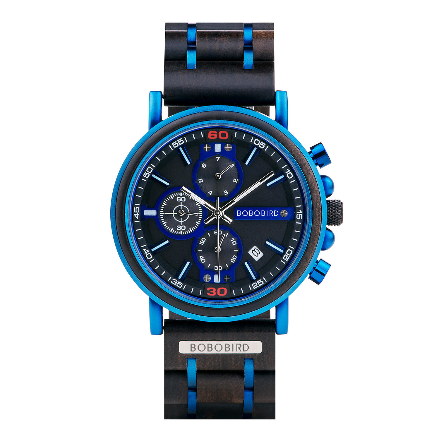 Natural Ebony and Blue Stainless Steel Men's Wooden Chronograph Watch