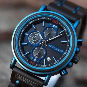 Natural Ebony and Blue Stainless Steel Men's Wooden Chronograph Watch - Kay S18-6_1500_9