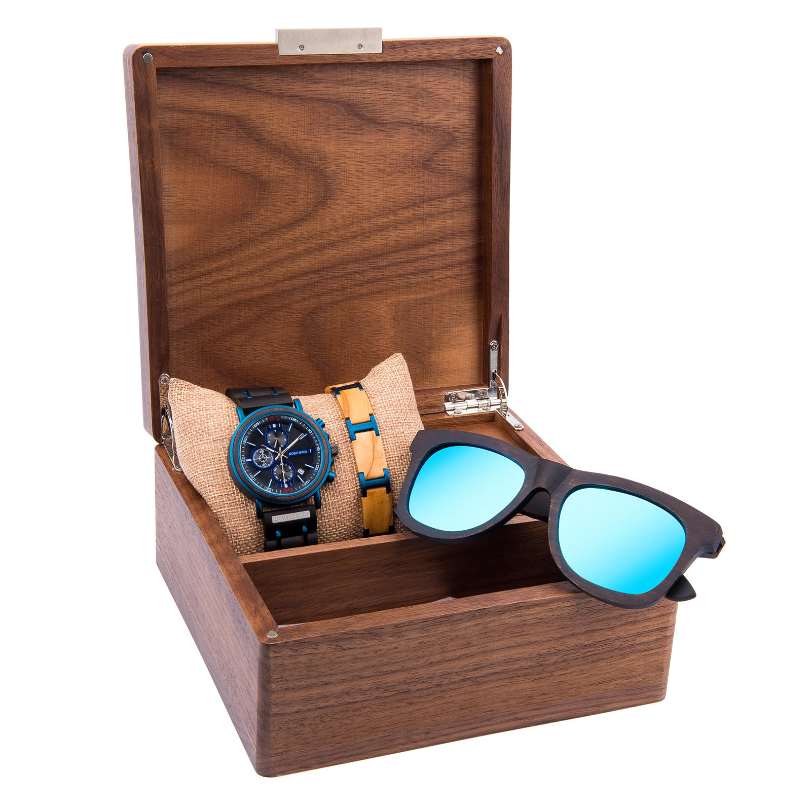 Natural Ebony Wooden Watch for Men + Sunglasses + Wooden Bracelet Gift Box Set