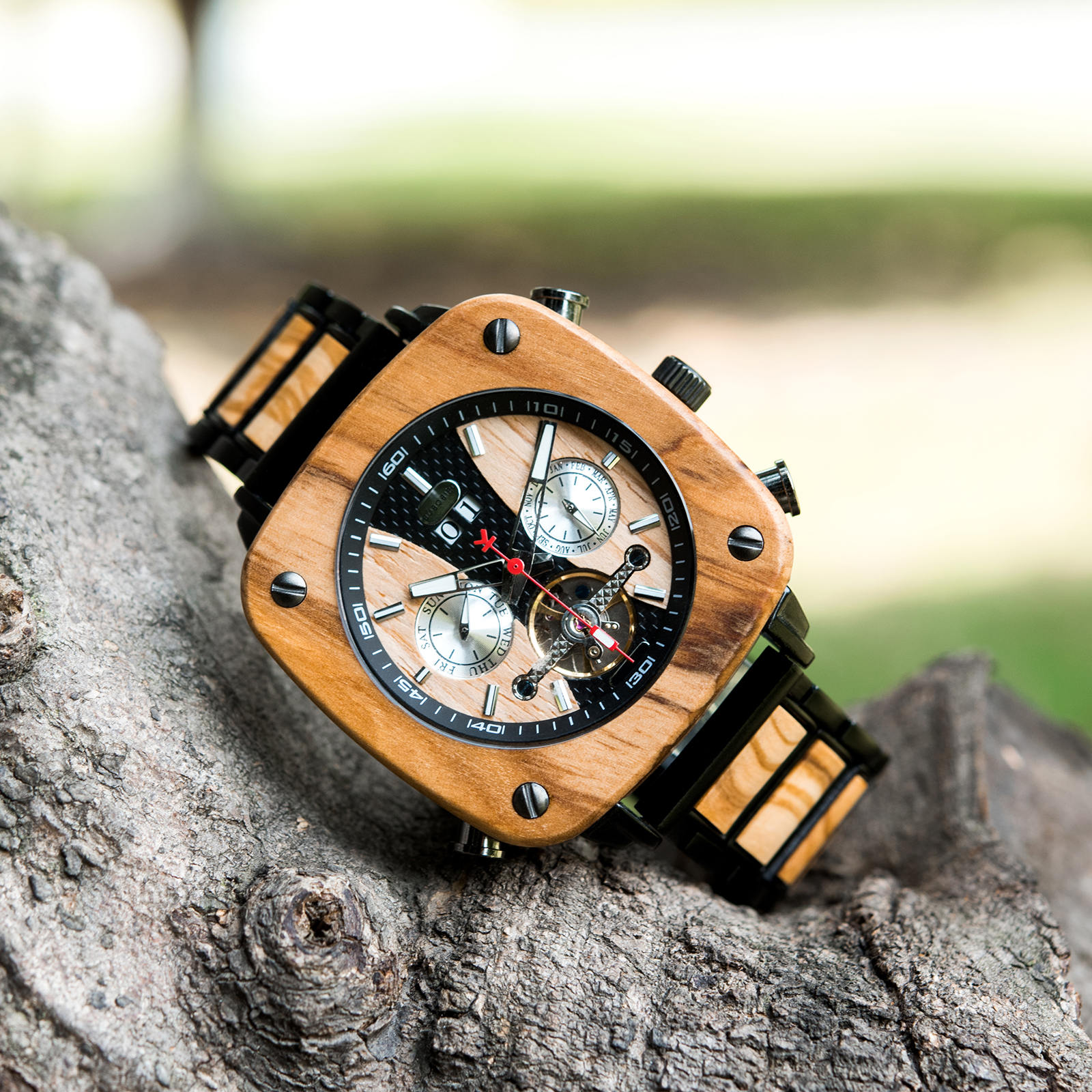 Natural Zebrawood Square Multifunctional Mechanical Wooden Watch - Sullivan