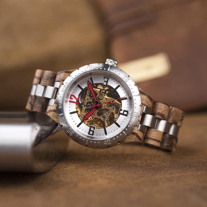 Premium Handcrafted Natural Zebra Wood Automatic Mechanical Movement Wooden Watches for Men Best Gift for Him - Gold S11-2