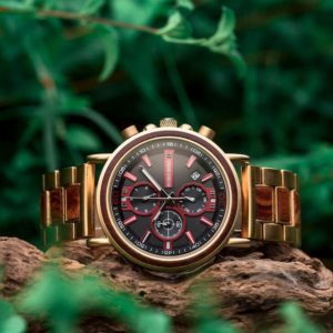 Natural Ebony and Gold Stainless Steel Handmade Engraved Wooden Watch for Men - Lancelot S18-4