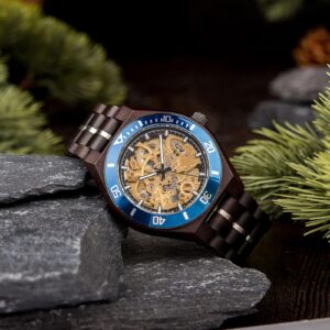 Skeleton Mechanical Wooden Watch Ebony Blue - Tureis_3
