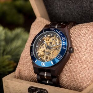 Skeleton Mechanical Wooden Watch Ebony Blue - Tureis_7
