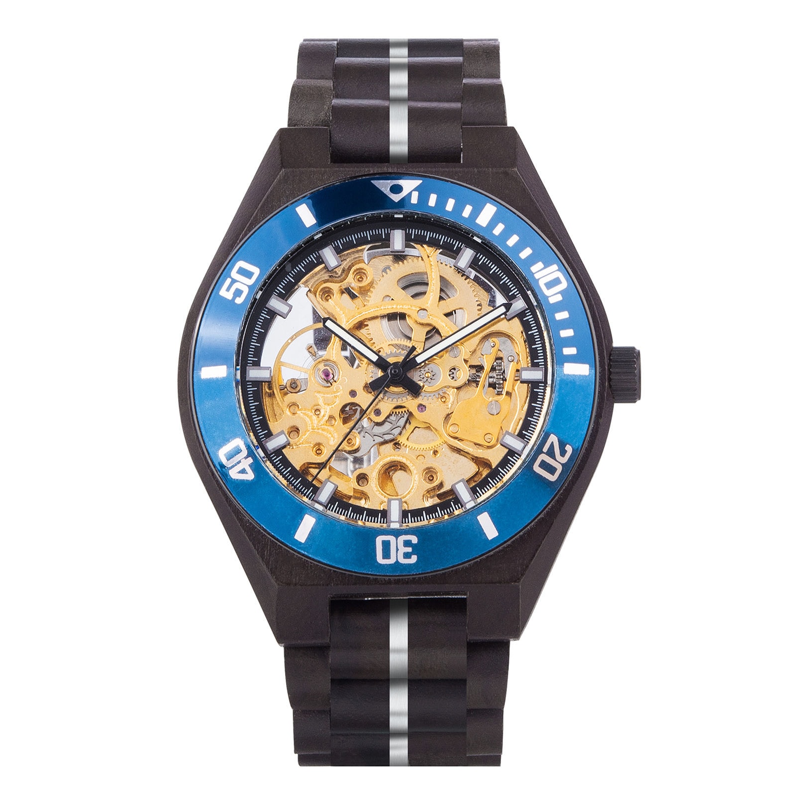 Skeleton Mechanical Wooden Watch Ebony Blue Tureis 8