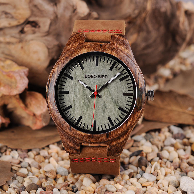 Trendy Casual Round Dial Genuine Leather Wood Watch Q05-3