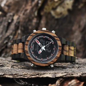 Wooden Watches for Men Dual Display Quartz Watch for Men LED Digital Army Military Sport Wristwatch P02-3-5