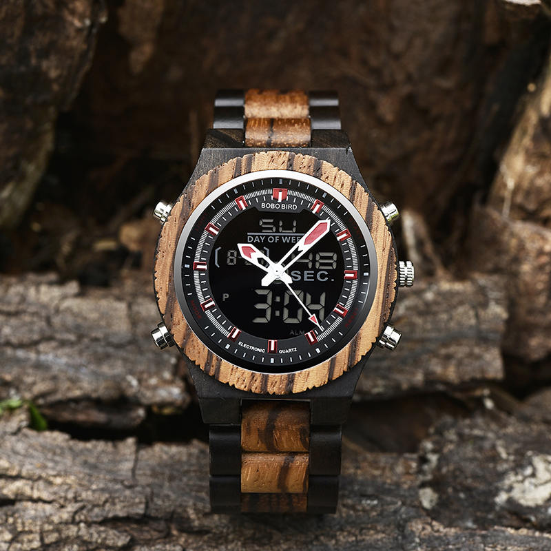 Wooden Watches for Men Dual Display Quartz Watch for Men LED Digital Army Military Sport Wristwatch P02-3
