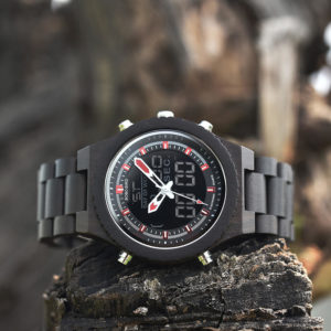 Wooden Watches for Men Ebony Wood Dual Display Quartz Watch for Men LED Digital Army Military Sport Wristwatch P02-1-1