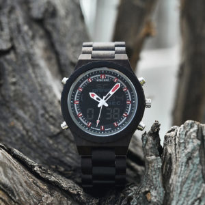Wooden Watches for Men Ebony Wood Dual Display Quartz Watch for Men LED Digital Army Military Sport Wristwatch P02-1-2