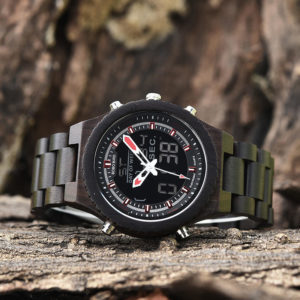 Wooden Watches for Men Ebony Wood Dual Display Quartz Watch for Men LED Digital Army Military Sport Wristwatch P02-1