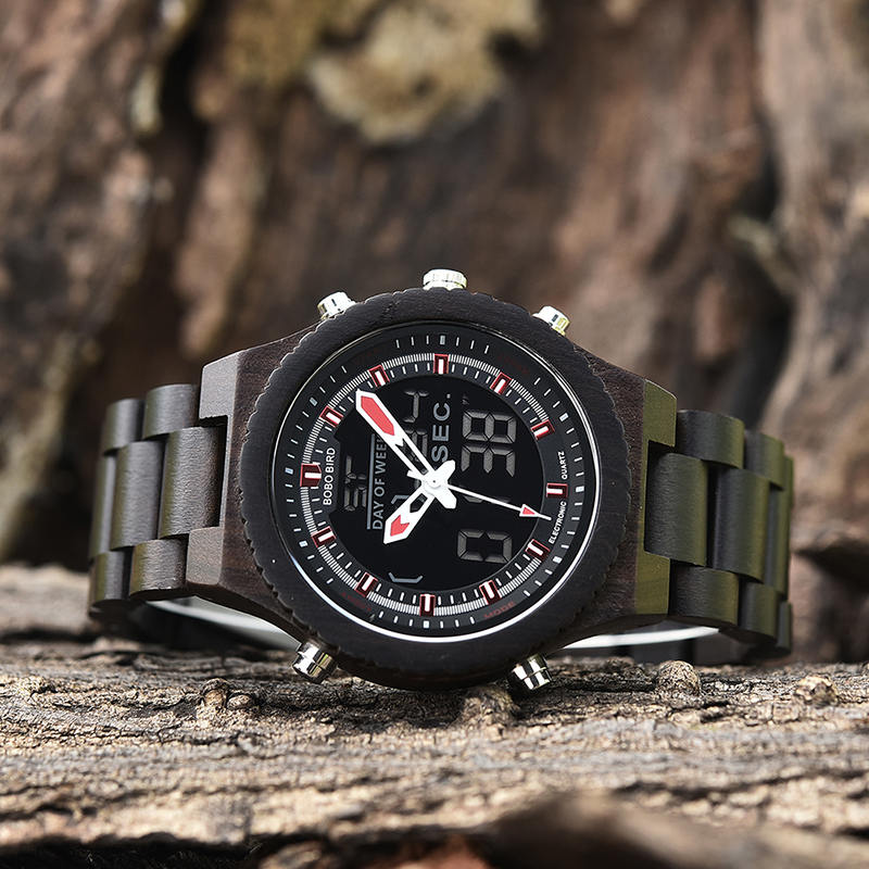 Wooden Watches for Men Ebony Wood Dual Display Quartz Watch for Men LED Digital Army Military Sport Wristwatch P02-1