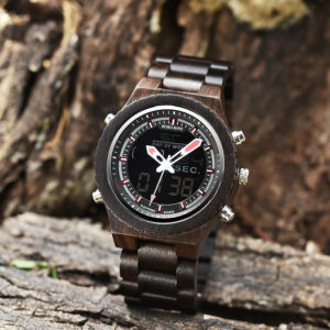 Wooden Watches for Men Ebony Wood Dual Display Quartz Watch for Men LED Digital Army Military Sport Wristwatch P02-1-5