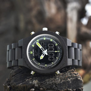 Wooden Watches for Men Ebony Wood Dual Display Quartz Watch for Men LED Digital Army Military Sport Wristwatch P02-2-1
