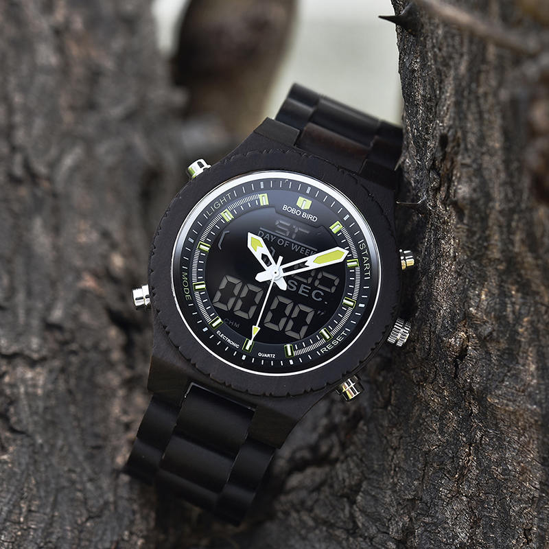 Wooden Watches for Men Ebony Wood Dual Display Quartz Watch for Men LED Digital Army Military Sport Wristwatch P02-2