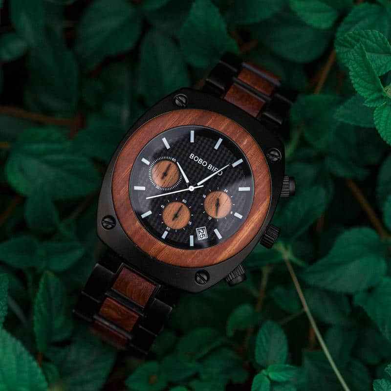 Engraved Wooden Watch For Men Handmade Redwood Multifunctional Chronograph Personalized Wood Watch - Commander T08-1