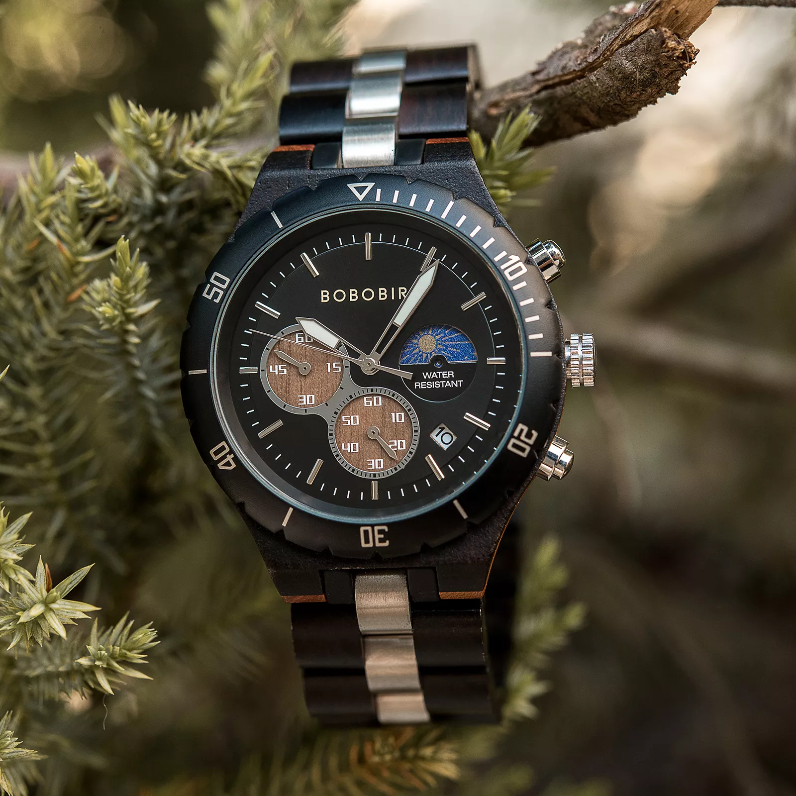 Mens Watch Classic Multifunctional Chronograph Moonphase Wooden Watch Ebony Black - Hunter